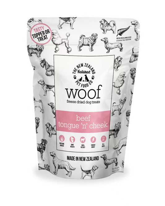Woof beef tongue ‘n’ Check Dried Dog Treats, 1.4 OZ bag